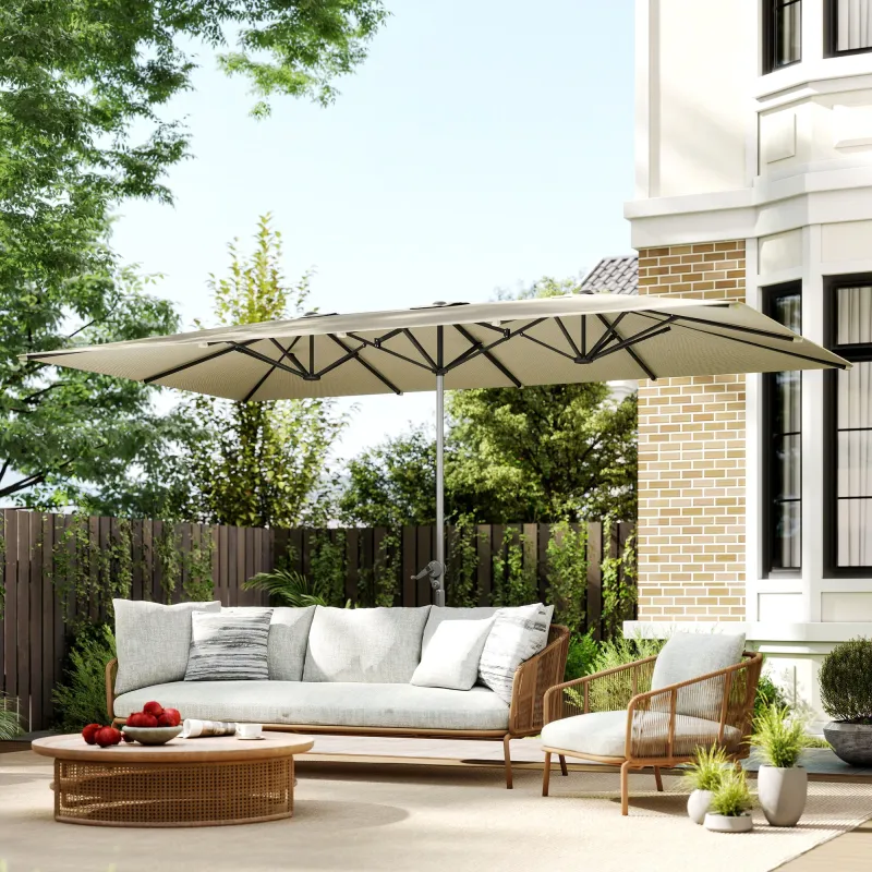 Sombrilla Doble 4,5x2,6 m Sombrilla Terraza Exterior con Manivela Impermeable y Protección UV50+ Crema - Ogal.Es
