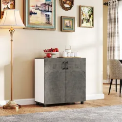 Aparador de Salón Pequeño y Moderno con Estante y Puertas de Cierre Suave 80x37x80 cm Gris Cemento y Blanco Brillo - Ogal.Es
