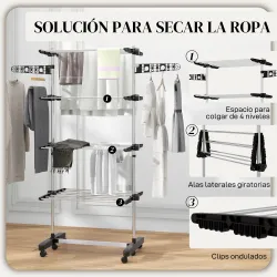 Tendedero Vertical de 4 Niveles con Ruedas 2 Laterales Abatibles Estantes Ajustables y Marco de Acero Negro y Plata - Ogal.Es