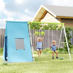 Columpio Infantil 3 en 1 con Tienda Anillas y Altura Ajustable para Niños de 3-8 Años Estructura Metálica 283x18... - Ogal.Es