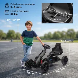 Kart a Pedales para Niños 3-8 Años con Asiento Regulable en 4 Posiciones y Ruedas de EVA 100x58x58,5 cm Negro - Ogal.Es