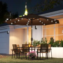 Sombrilla de Jardín Ø265 cm con 32 Luces LED Solares Manivela y Poste de Acero para Patio Terraza Marrón - Ogal.Es