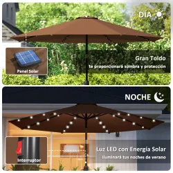 Sombrilla de Jardín Ø265 cm con 32 Luces LED Solares Manivela y Poste de Acero para Patio Terraza Marrón - Ogal.Es