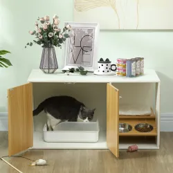 Mueble Arenero para Gatos 3 en 1 con Puertas Cojín Tazones y Estera para Rascar 95x48x50,5 cm Blanco y Roble - Ogal.Es