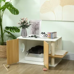 Mueble Arenero para Gatos con Centro de Juegos Cojín Pelota Puerta Lateral y Patas Antideslizantes 94x48x50,5cm ... - Ogal.Es