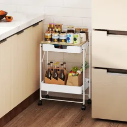Carrito Auxiliar con Ruedas de 2 Niveles con Cajón Encimera y Cesta de Rejilla para Dormitorio Baño Cocina Blanco - Ogal.Es