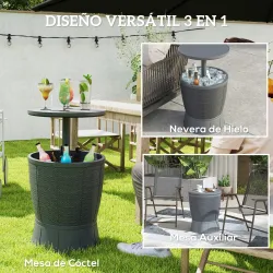 Mesa Nevera para Exterior 41 L 3 en 1 Cool Bar Mesa Auxiliar con Altura Ajustable Cubo de Hielo Tapa Elevable Gris - Ogal.Es