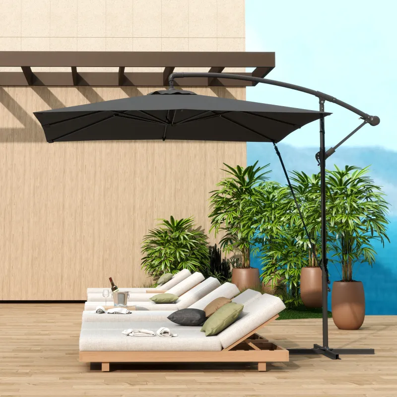 Parasol Excéntrico 247x247 cm con Base Cruzada Manivela Funda Protectora y Toldo Giratorio 360° Gris Oscuro - Ogal.Es