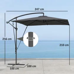 Parasol Excéntrico 247x247 cm con Base Cruzada Manivela Funda Protectora y Toldo Giratorio 360° Gris Oscuro - Ogal.Es