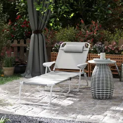 Tumbona Plegable con Respaldo Ajustable Reposacabezas y Estructura de Metal 160x66x98 cm Gris y Blanco - Ogal.Es