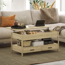 Mesa de Centro Elevable con Almacenamiento Compartimento Oculto Cajones y Estante Abierto 100x50x48-62 cm Roble - Ogal.Es