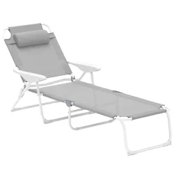 Tumbona Plegable con Respaldo Ajustable Reposacabezas y Estructura de Metal 160x66x98 cm Gris y Blanco - Ogal.Es