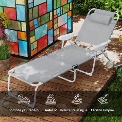 Tumbona Plegable con Respaldo Ajustable Reposacabezas y Estructura de Metal 160x66x98 cm Gris y Blanco - Ogal.Es