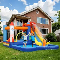 Castillo Hinchable 5 en 1 con Tobogán Piscina de Chapoteo y Cañón de Agua con Inflador de 550W y Bolsa de Transp... - Ogal.Es
