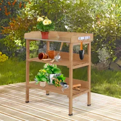 Mesa de Jardinería de Madera con Superficie Metálica Estantes y Ganchos para Jardín Terraza 76x37x89 cm Natural - Ogal.Es