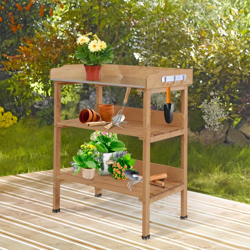 Mesa de Jardinería de Madera con Superficie Metálica Estantes y Ganchos para Jardín Terraza 76x37x89 cm Natural - Ogal.Es