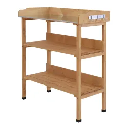 Mesa de Jardinería de Madera con Superficie Metálica Estantes y Ganchos para Jardín Terraza 76x37x89 cm Natural - Ogal.Es