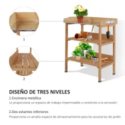 Mesa de Jardinería de Madera con Superficie Metálica Estantes y Ganchos para Jardín Terraza 76x37x89 cm Natural - Ogal.Es