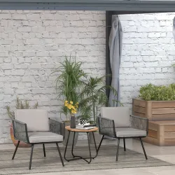 Conjunto de Muebles de Jardín de Ratán 3 Piezas Incluye 1 Mesa y 2 Sillones con Cojines Acolchados Gris - Ogal.Es