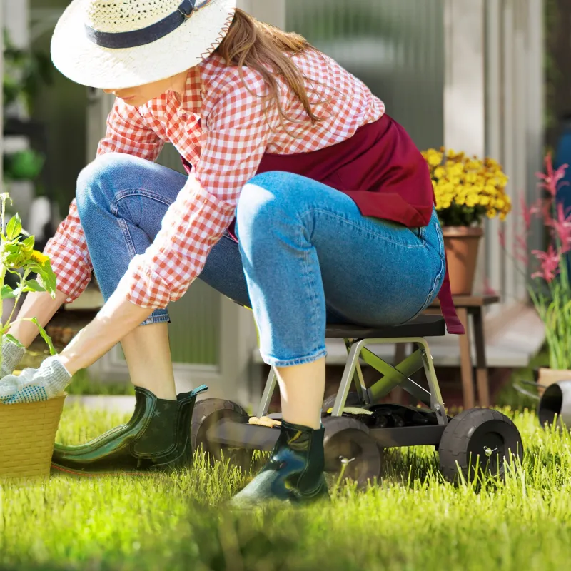 Asiento de Jardín con Ruedas Taburete de Jardinería con Bandeja de Herramientas Carga 130 kg 50x49x32 cm Negro - Ogal.Es