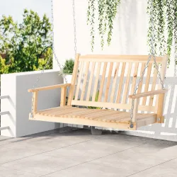Banco Columpio de Madera de 2 Plazas Ajustable con Respaldo y Apoyabrazos para Exterior Jardín 117x69x60 cm Natural - Ogal.Es