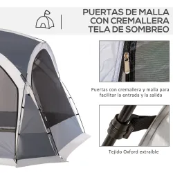 Carpa Portátil de Camping para 6-8 Personas con 4 Mosquiteros Gancho y Bolsa Anti-UV 350x350x230 cm Gris y Blanco - Ogal.Es
