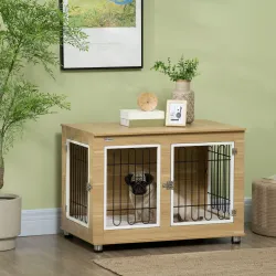 Jaula de Madera para Perros con Cojín 2 Puertas y Patas Ajustables Uso como Mesa Auxiliar o Mesita de Noche 90x5... - Ogal.Es