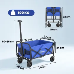 Carro de Jardín Plegable con Ruedas Asa Telescópica Ajustable Carga 100 kg para Campaña Compra 64x42x27 cm Azul - Ogal.Es