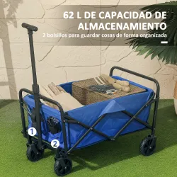 Carro de Jardín Plegable con Ruedas Asa Telescópica Ajustable Carga 100 kg para Campaña Compra 64x42x27 cm Azul - Ogal.Es
