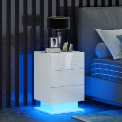 Mesita de Noche con LED RGB 3 Cajones y Mando a Distancia Diseño Moderno 40x35x60 cm Blanco Brillo - Ogal.Es
