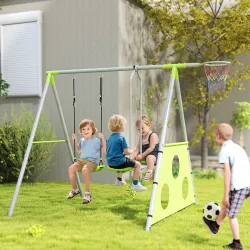 Conjunto de Columpios 4 en 1 con Planeador Canasta y Portería de Puntería para Niños de 3 a 8 Años 215x180x182 c... - Ogal.Es