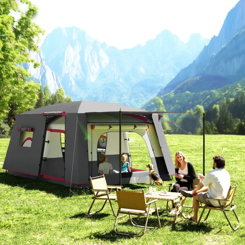Tienda de Campaña Familiar 4 Personas con 2 Habitaciones Zona de Estar y Protección Impermeable 430x305 cm Rojo - Ogal.Es