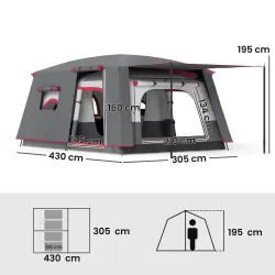 Tienda de Campaña Familiar 4 Personas con 2 Habitaciones Zona de Estar y Protección Impermeable 430x305 cm Rojo - Ogal.Es