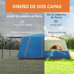 Tienda de Campaña Familiar 4 Personas con 2 Habitaciones Zona de Estar y Protección Impermeable 430x305 cm Gris ... - Ogal.Es