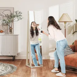 Armario Joyero con Luces LED y Cerradura Espejo Integrada Blanco con Veta de Madera - Ogal.Es