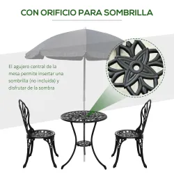 Set de Jardín 3 Piezas con Mesa Redonda Ø60x67 cm y 2 Sillas 42,5x47,5x89 cm Mesa con Orificio para Sombrilla Negro - Ogal.Es