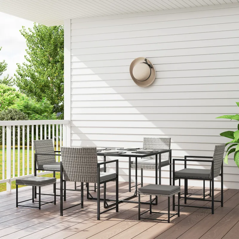 Conjunto de Jardín Exterior de 9 Piezas de Ratán Sintético con Mesa de Vidrio 4 Sillas y 4 Taburetes con Cojines... - Ogal.Es