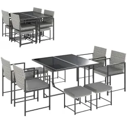 Conjunto de Jardín Exterior de 9 Piezas de Ratán Sintético con Mesa de Vidrio 4 Sillas y 4 Taburetes con Cojines... - Ogal.Es