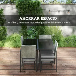 Conjunto de Jardín Exterior de 9 Piezas de Ratán Sintético con Mesa de Vidrio 4 Sillas y 4 Taburetes con Cojines... - Ogal.Es