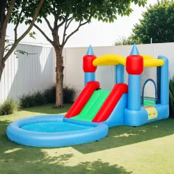 Castillo Hinchable 415x205x190 cm con Tobogán Foso de Bolas Canasta Inflador y Bolsa para Interior y Exterior - Ogal.Es