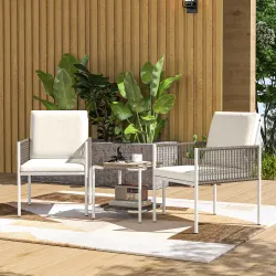 Juego de 2 Sillas y Mesa de Ratán con Cojines Acolchados y Encimera de Vidrio para Balcón Terraza Marrón y Crema - Ogal.Es