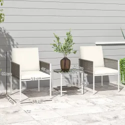 Juego de 2 Sillas y Mesa de Ratán con Cojines Acolchados y Encimera de Vidrio para Balcón Terraza Marrón y Crema - Ogal.Es