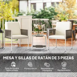 Juego de 2 Sillas y Mesa de Ratán con Cojines Acolchados y Encimera de Vidrio para Balcón Terraza Marrón y Crema - Ogal.Es