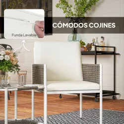 Juego de 2 Sillas y Mesa de Ratán con Cojines Acolchados y Encimera de Vidrio para Balcón Terraza Marrón y Crema - Ogal.Es