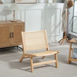Butaca de Salón con Respaldo y Asiento Amplio de Ratán Marco de Madera para Dormitorio Sala de Estar Natural - Ogal.Es