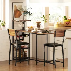 Conjunto de Mesa de Bar con Laterales Abatibles Soporte para Vinos y 2 Taburetes de Estilo Industrial Marrón y N... - Ogal.Es