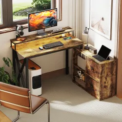 Escritorio Industrial con Luces LED y Estación de Carga con Patas Ajustables y Soporte en X 130x110x91 cm Madera... - Ogal.Es