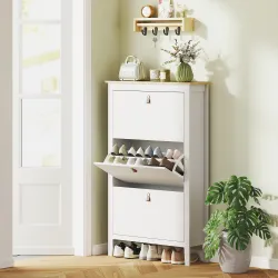 Zapatero Estrecho con 3 Compartimentos y Tiradores de Cuero PU para Pasillos y Recibidores 80x24x131 cm Blanco y... - Ogal.Es
