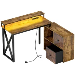 Escritorio Industrial con Luces LED y Estación de Carga con Patas Ajustables y Soporte en X 130x110x91 cm Madera... - Ogal.Es