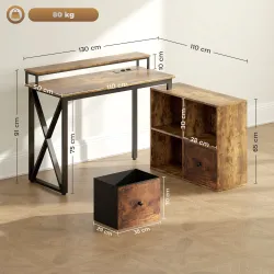 Escritorio Industrial con Luces LED y Estación de Carga con Patas Ajustables y Soporte en X 130x110x91 cm Madera... - Ogal.Es